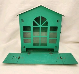 Green Metal House Shaped Squirrel Feeder with Foldable Hindged Ledge
