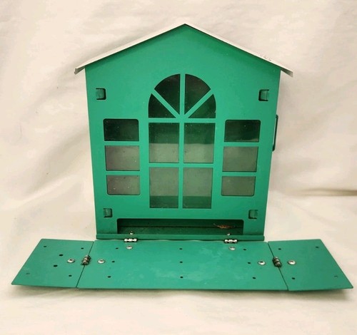 Green Metal House Shaped Squirrel Feeder with Foldable Hindged Ledge 