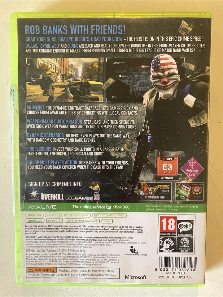 Payday 2 (Microsoft Xbox 360, 2013)  Compete With Manual - Image 4 of 4