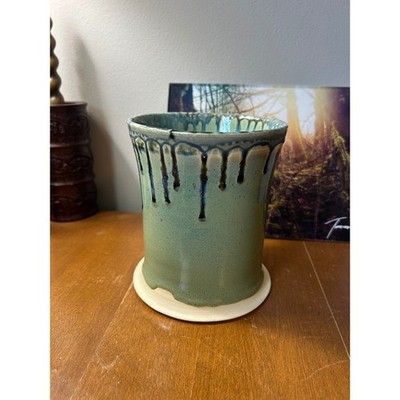 Handmade Studio Pottery Utensil Crock Sage Green Drip Glaze Stoneware Jar