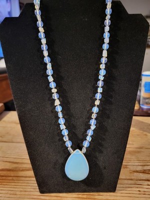 Lia Sophia Opalite Glass Teardrop Pendant Necklace Blue Beaded Statement Vintage