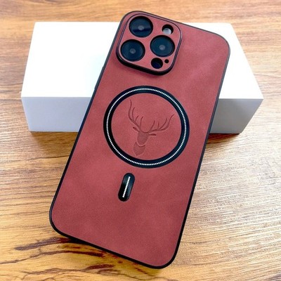 Luxury PU Leather Deer Magsafe Case iPhone 11-16 Pro Max Plus Wireless Cover