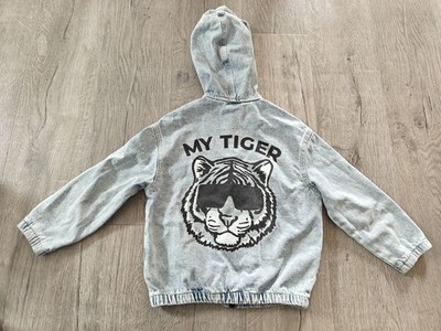 Boys Hooded Light Wash Denim Jacket By Gee Jay Zip Up Pockets Graphic Tiger 5/6