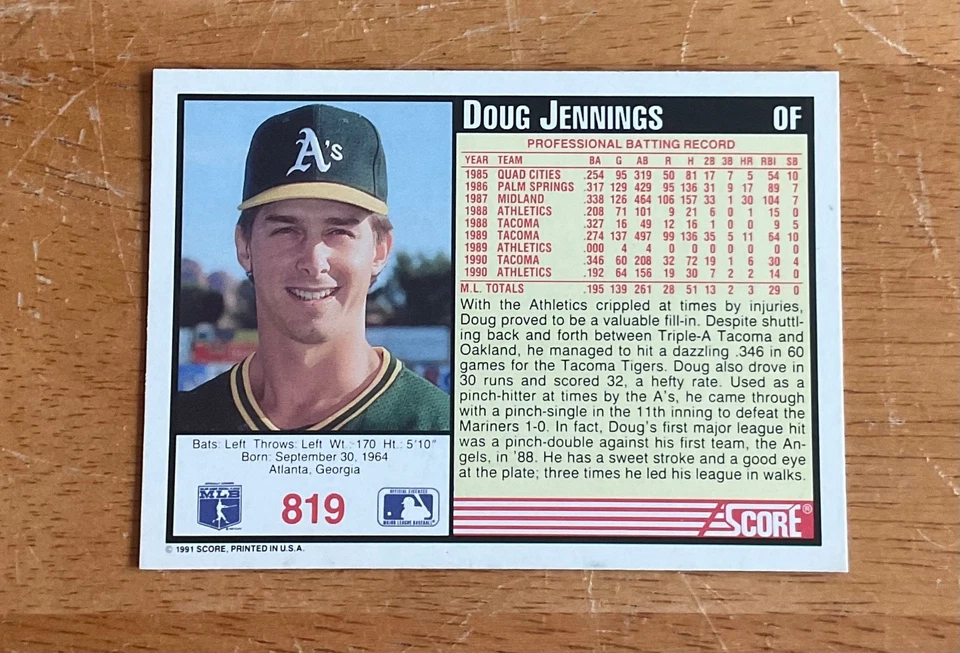 Doug Jennings Oakland A’s Signed Autograph 1991 Score Baseball Card - Image 2 of 2