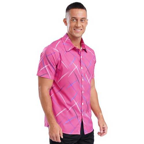 Mens Colorful Striped Casual Short Sleeve Button Down Vacation Holiday Tops - Picture 22 of 77