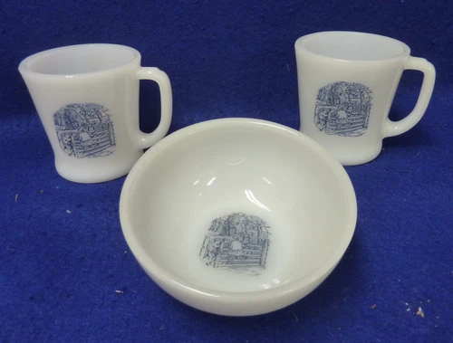 VTG FIRE KING CURRIER & IVES CHILDREN ON FENCE 2 MILK GLASS COFFEE MUGS & BOWL