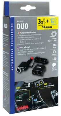 Duo 3+1, multiple cigarette lighter socket with USB, 12/24V