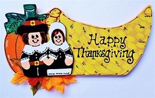 Happy Thanksgiving CORNUCOPIA PILGRIM SIGN Pumpkin Fall Wall Hanger Plaque Decor