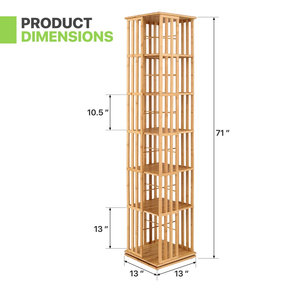 5 Tiers Bamboo [ROTATABLE BOOKSHELF] Open Shelving Magazine Storage Rack Natural - Image 3 of 4