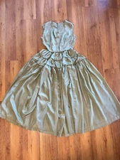 Vintage Green Empire Waist Dress Shiny Fabric Full Skirt, Sleeveless Dress