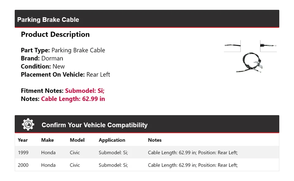 For 1999-2000 Honda Civic Si Dorman Parking Brake Cable Rear Left - Image 2 of 4