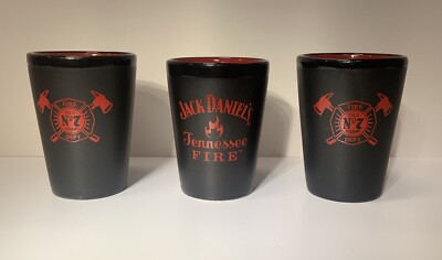3 Jack Daniels TENNESSEE FIRE DEPT Black Red Ceramic Shot Glasses Whiskey