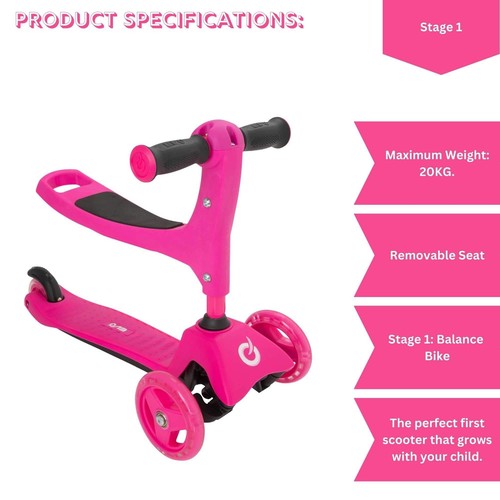 EVO 3 in 1 Cruiser Ride On & Scooter Pink | Toddler Sit to Stand Walker & Push - Picture 12 of 16