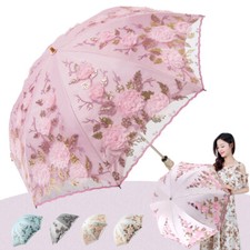 Embroidery Flower Rain Umbrella Parasol 3 Folding 8-ribs Sun UV Proof Portable