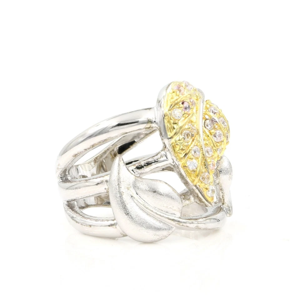 Anillo diario de lujo de cóctel de acero inoxidable 316 hojas de 2 tonos para mujer Foto 3 de 4