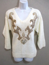 VTG 80's Beldoch Popper Sweater Size Small Bold Applique Metallic Statement