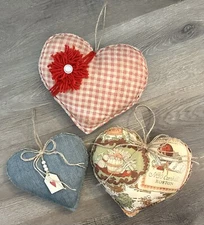 Set 3 Handmade Heart Pillow Rustic Hanging Decor Bowl Filler Primitive Style