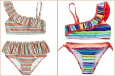GIRLS 7-8 NWT SASSY STRIPED RUFFLE LAYERED Off Shoulder BIKINI CHOICE