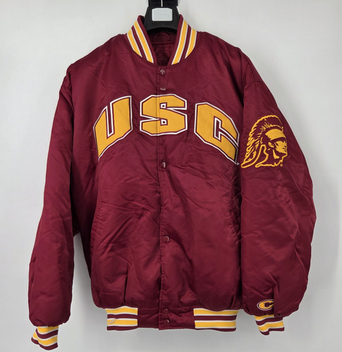 VINTAGE USC Trojans Jacket Satin Snap Bomber Mens Large Red Insulated Colosseum
