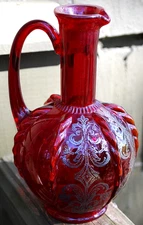 Antique Hand Blown RUBY RED GLASS Pitcher W Twisted Ribs/Sterling Silver Swirls
