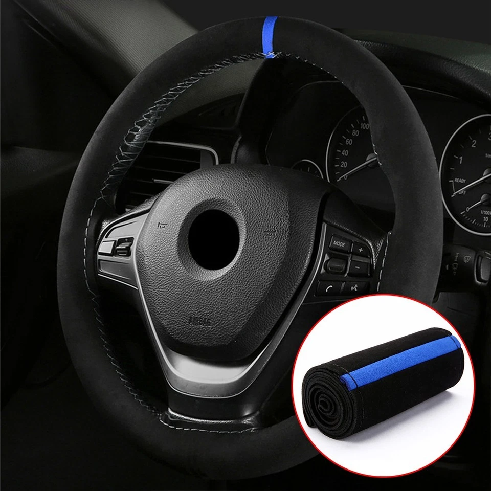 Steering Wheel Cover 15" Car Set Suede 38cm Anti-Slip Black+Blue Parts Protector - Image 3 of 4