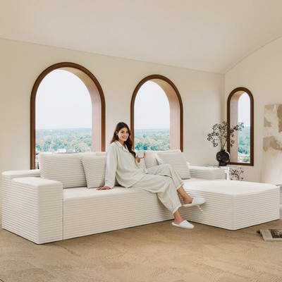 Plush Corduroy Cloud Sectional Sofa for Living Room, No Assembly