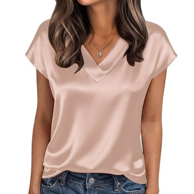 Womens Satin Silk Tops Ladies Casual Loose V Neck Short Blouse T Shirt US