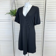 New Madewell Black Cross Front Button Dress Faux Wrap Puff Sleeve Retro Size XL