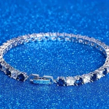 7 inch Sparkling Blue and White Cubic Zirconia Tennis Bracelet - Platinum Plated