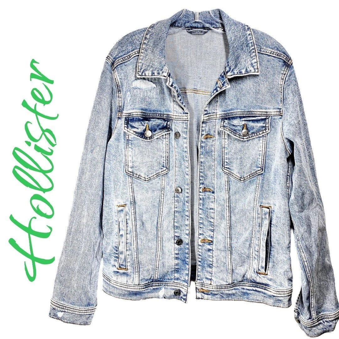 HOLLISTER MEN’s EPIC FLEX DISTRESSED BLUE DENIM JACKET, SIZE LARGE