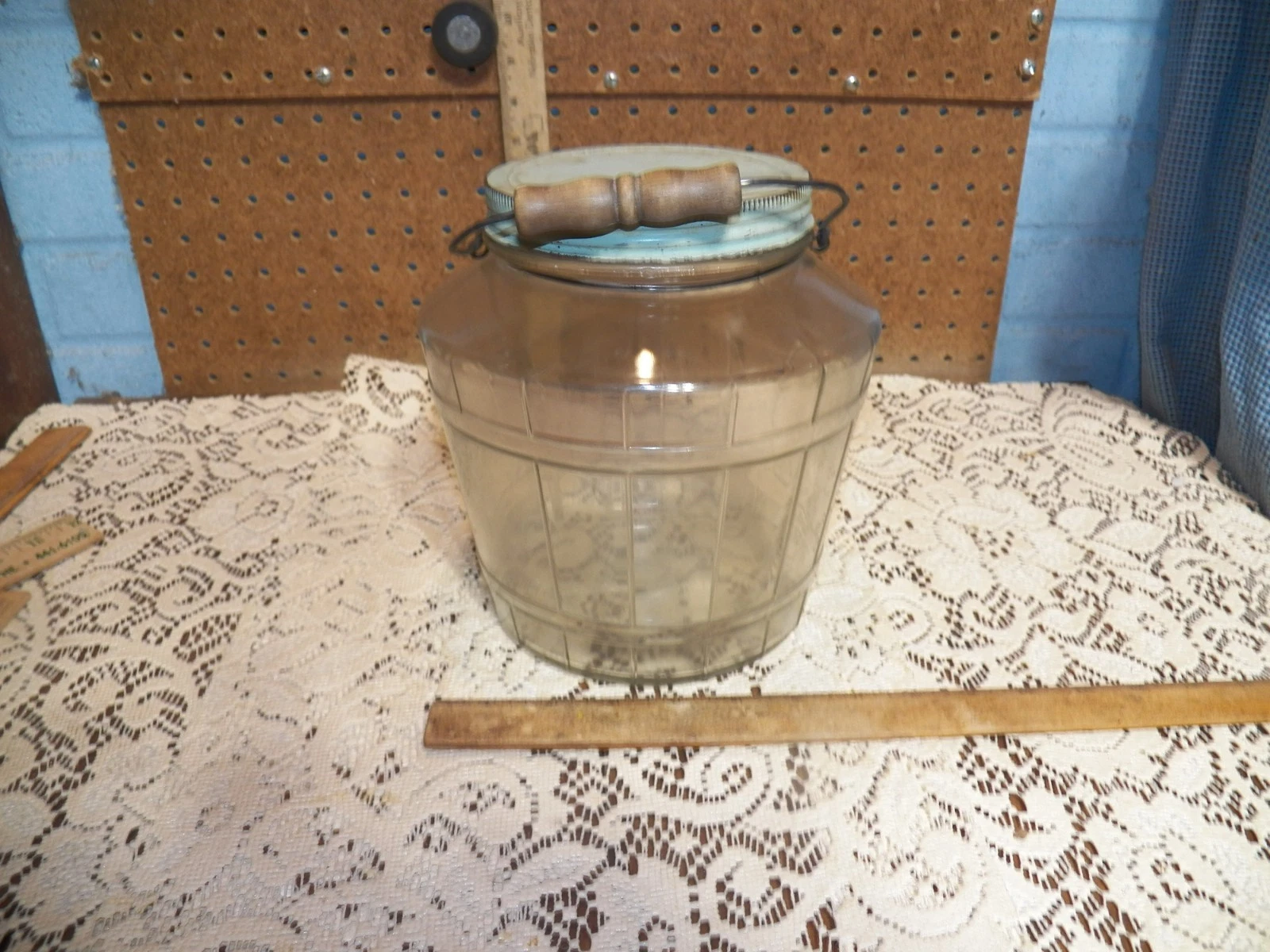 Vintage Wood Bucket Shaped Glass Jar w/ Wood Handle