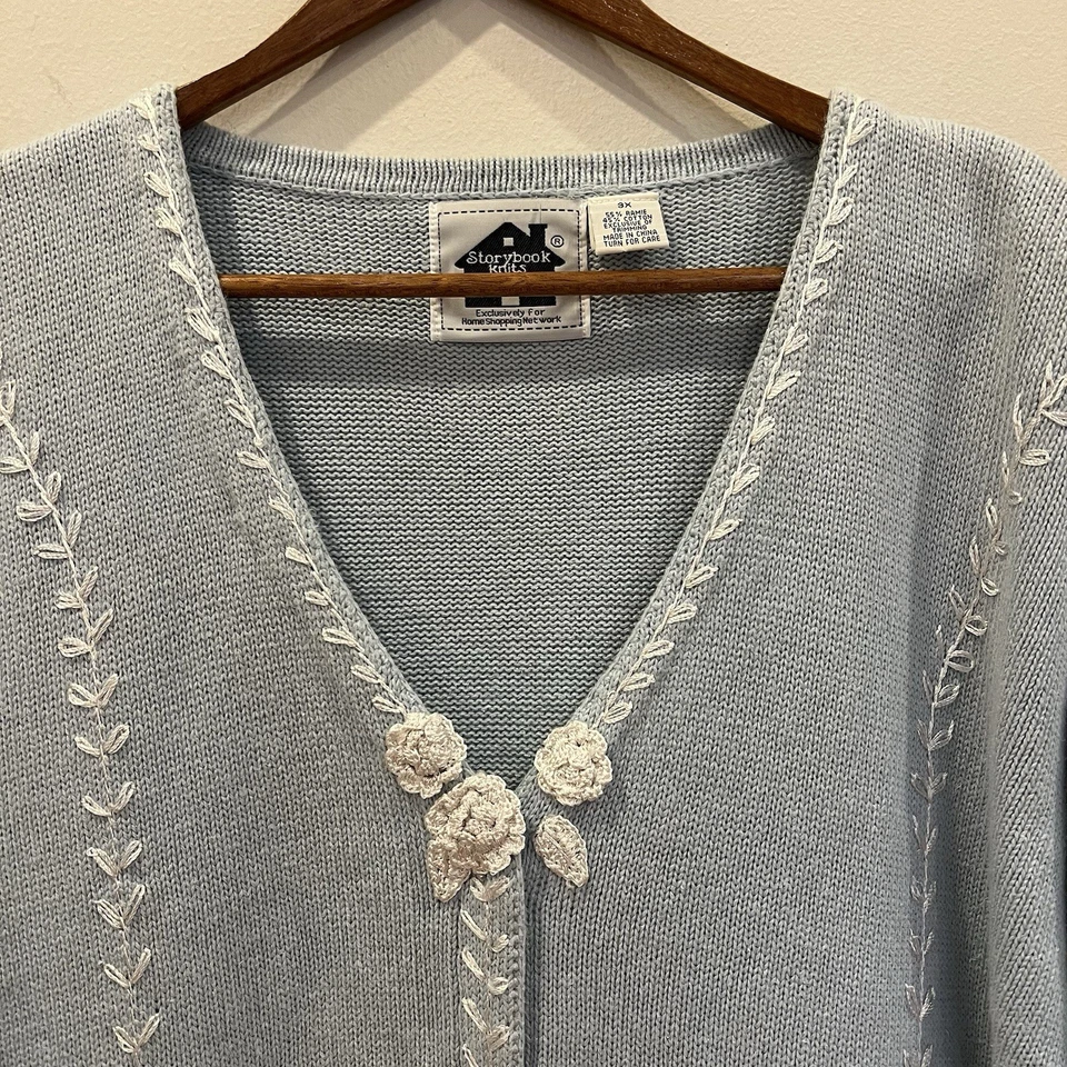 Cárdigan de punto Storybook para mujer 3X azul bordado ganchillo colibrí abuela Foto 3 de 4