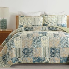 Patchwork Quilt Set King Size, Green Blue Plaid Reversible Bedspread Coverlet...