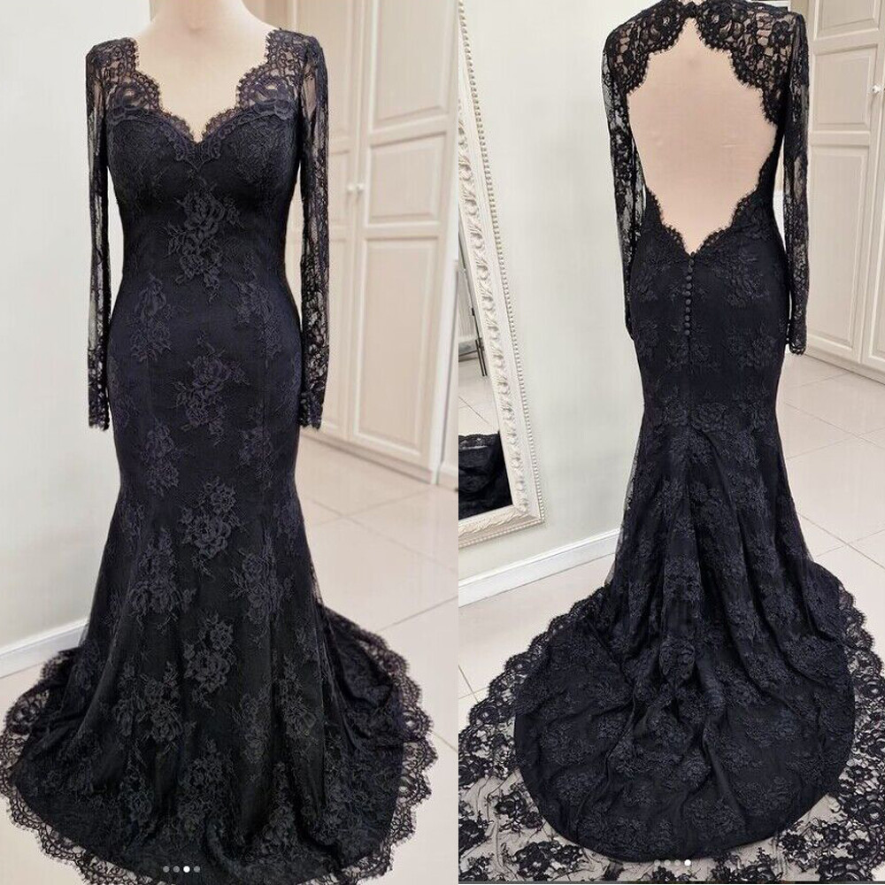 princess polly baby blue dress Black Long Sleeves Mermaid Lace Backless Formal Prom Dress – BIZTUNNEL main image 1