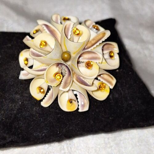 Artisan Vintage Seashell Brooch Pin Rhinestone Cottagecore Beachy Quiet Luxury