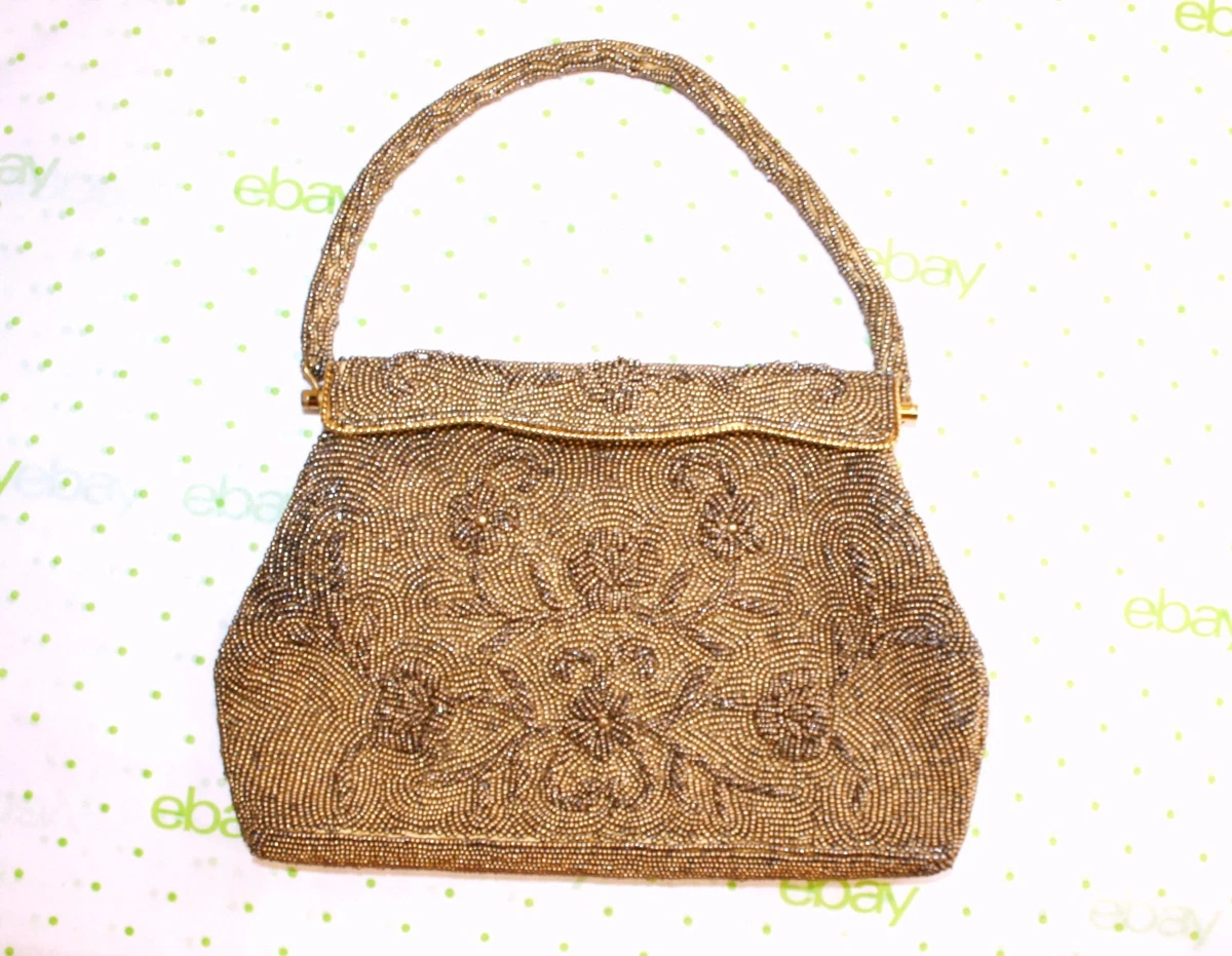 VINTAGE GOLD BEADED EVENING PURSE HAND BAG CLUTCH HAND BEADED HONG KONG