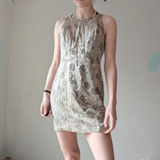 Vintage CDC Petites Beige Satin Floral Mini Dress Formal Cocktail