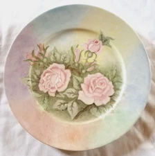 Porcelain Plate Platter 10.5" Hand Painted Rainbow Pastel Pink Roses Flowers