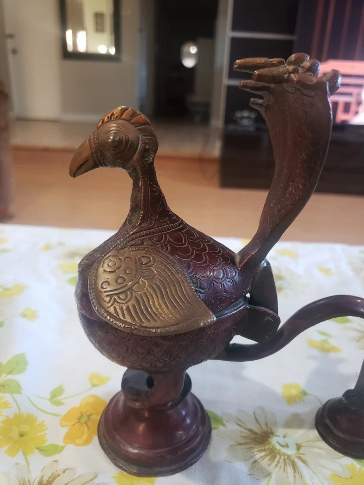 Antiguo quemador de incienso original de bronce genuino pavo real pájaro India Foto 3 de 4