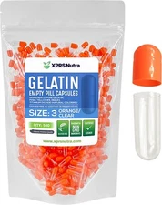 Size 3 Orange/Clear Empty Gelatin Pill Capsules Kosher GelCaps Gluten-Free Caps