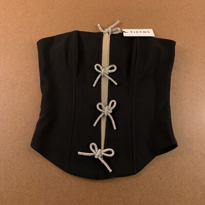 Tic Toc Womens Small Black Stretch Sheer Insert Bow Zipper Accent Corset Top NWT