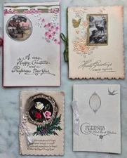 FOUR English Christmas cards – 1940’s – Embossed - United Kingdom - String Bound