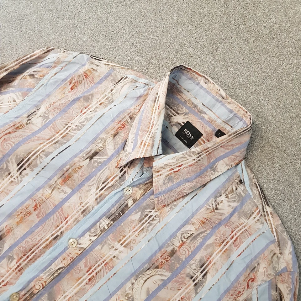 Hugo Boss Mens Shirt Large Blue Beige Stripe Patten Body Line Button Up - Image 2 of 4