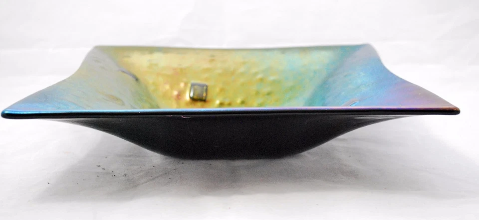 Black iridescent metallic glass modern square plate bowl SIGNED Snarud NORWAY - Image 4 of 4