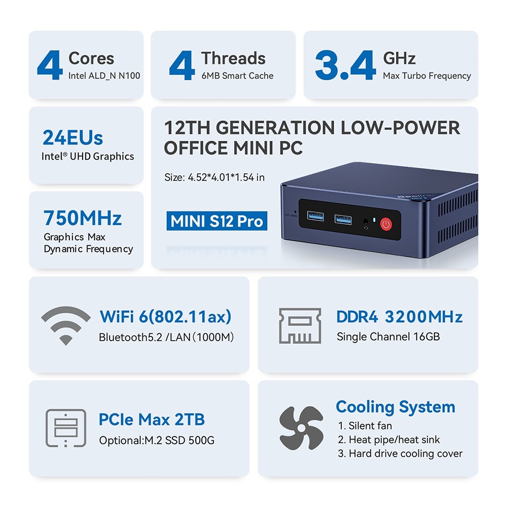 ミニPC Beelink S12Pro N100 512GB SSD 16G Amazon.com: Beelink Mini S12 Pro Mini PC, Intel 12th Gen