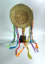 Vintage Hippie Era Tambourine Peace & Flowers Sign Motif Ribbons Nostalgic Boho