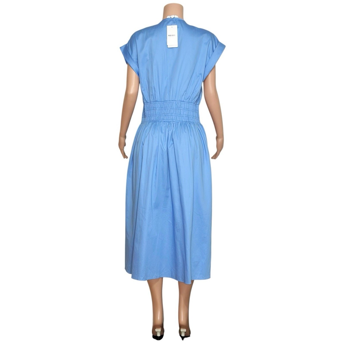 $240 NWT REISS Lena Cotton Ruched Waist Midi Dress, Blue, 10 (US) | eBay