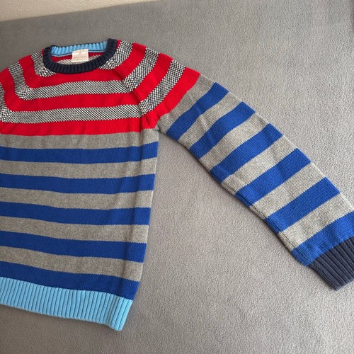 Hanna Andersson Crew Neck Striped Sweater Boys 150 (12 US) Gray Blue Elbow Patch - Picture 4 of 8