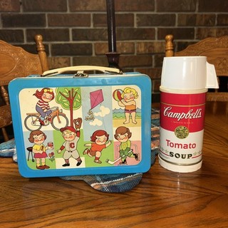 Children's Sports Graphics Metal Lunchbox & Campbell's Soup Thermos Set 1970s