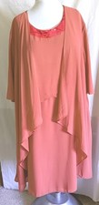 Hanna Nikole Cocktail Dress 2 Piece 18W Coral Rose Chiffon Beaded Tea Length